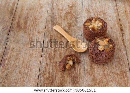 chocolate brownies on wooden background, bakery sweet background