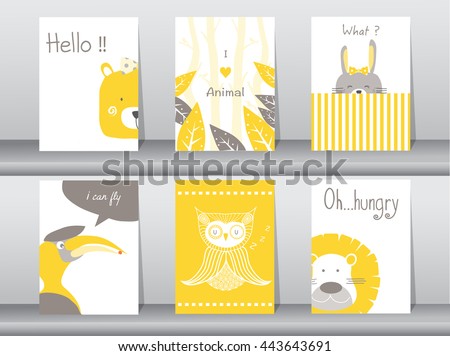 Set of cute animals poster,template,cards,bear,bird,lion,rabbit,zoo,Vector illustrations