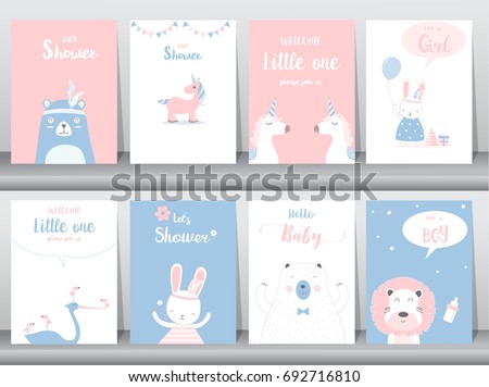 Set of baby shower invitations cards, poster, greeting, template, animals, Vector illustrations