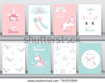 Set of baby shower invitations cards, poster, greeting, template, animals,unicorn. Vector illustrations
