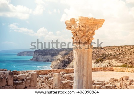 Ancient column at Kourion Archaeological Area. Limassol District, Cyprus.