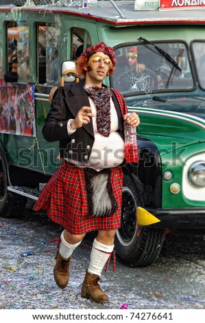 LIMASSOL, CYPRUS - FEBRUARY 14: Portrait of senior man disguised as Scotsman at Limassol carnival at Carnival Parade on February 14, 2010 in Limassol, Cyprus.