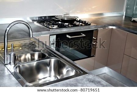 Stainless steel kitchen faucet and sink. Modern kitchen interior