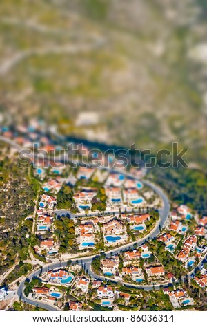 Aerial view of residential area with tilt shift lens effect