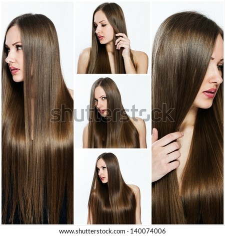 collage of a beautiful young woman , with long natural straight hair
