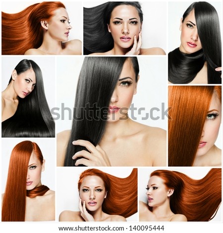 collage of a beautiful young woman , with long natural straight hair