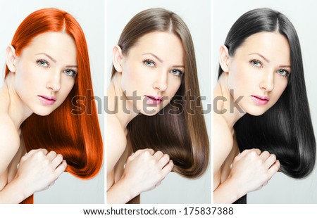 Collage Of A Beautiful Young Woman , With Long Natural Straight Hair , Mixed Color , Concept Hairstyle