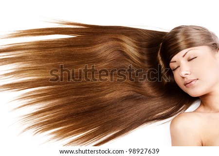 closeup portrait of a beautiful young woman with elegant long  shiny hair , hairstyle , isolated on white background , healthy straight hair