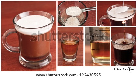step by step instructions on how to make an irish coffee, sugar, whiskey coffee and cream shots