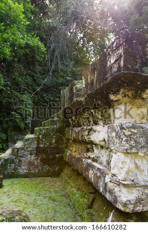 Ancient Mayan ruins in Tikal Guatemala half covered and underground
