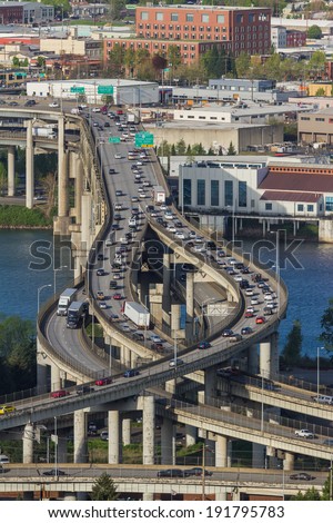 PORTLAND, OREGON - APRIL 14: view of the busy road systems form an elevated vantage point, April 14 2014 in Portland Oregon