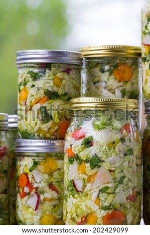 home made cultured or fermented vegetables in  glass jars