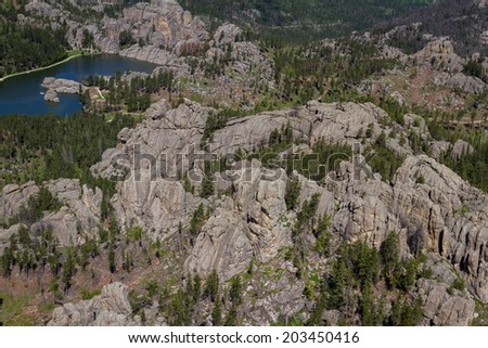 Aerial view of sylvan lake and granite formations in the Black Hills