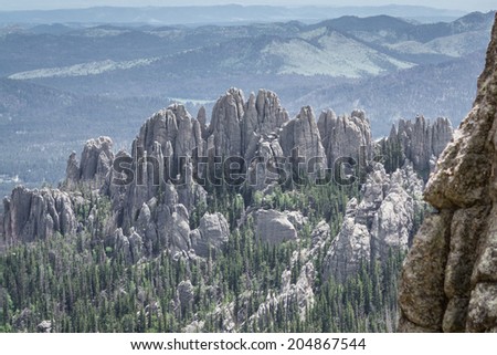 view form Harney Peak at the rock formations in custer state park, cathedral spires and needles