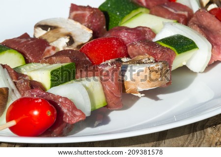 meat skewers on a plate with seasonings for an outdoor meal
