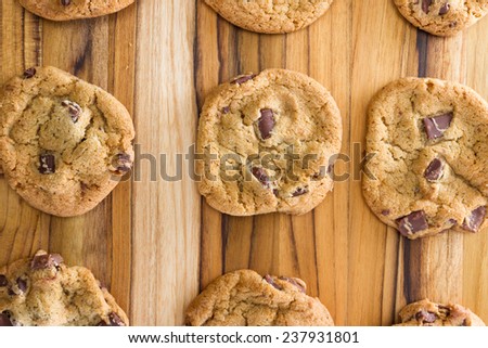 view form above of home made chocolate chip cookies on a wooden table