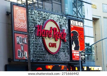 Hollywood, California - February 08 : Hard Rock Cafe sign on Hollywood Blvd, February 08 2015 in Hollywood, California.