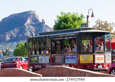 Sedona, Arizona - April 13 : Sedona Trolley giving a tour of the city and scenery, April 13 2015 in Sedona, Arizona.
