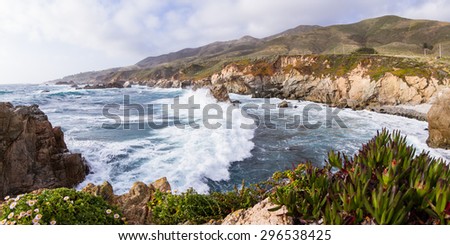 beautiful scene of the California coast with its classic dramatic coastline lined with rocks and cliffs and wildflowers in the foreground