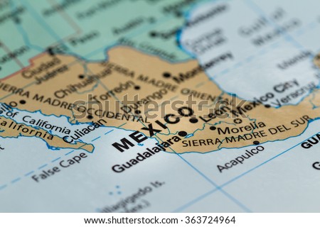 close up of the country of word Mexico on a wold map