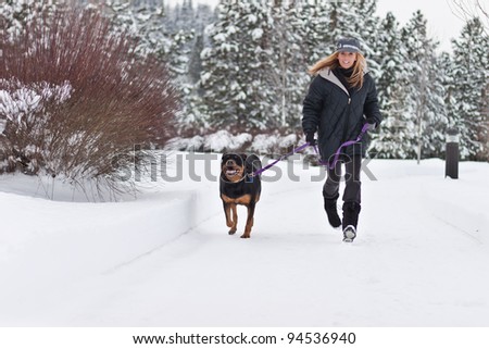 caucasian woman walking a black dog in snow covered path