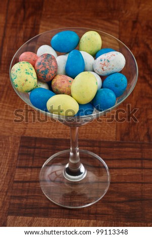 easter egg martini on a bar top, view from the top
