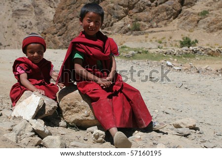 PADUM, INDIA - AUGUST 28: Young Buddhist monks in red cloth August  28, 2008 in Padum, India