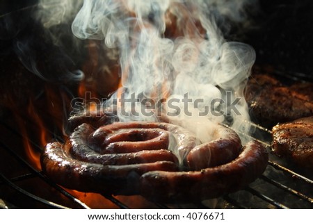 Smoking rolled sausage and pork chops in the grill