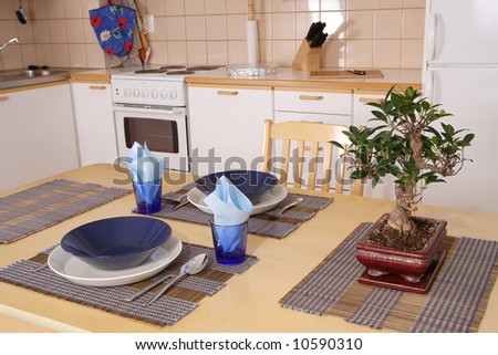 Kitchen interior detail with asian decorations and bonsai on the table
