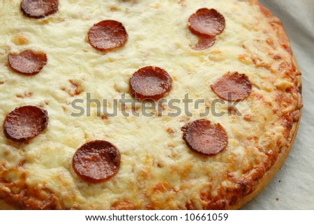 Big pan pizza with lots of cheese and salami slices
