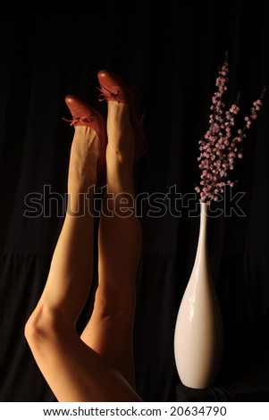 Female legs and vase with flowers in the background