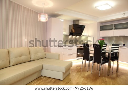 Beautiful modern kitchen with modern lighting, interior