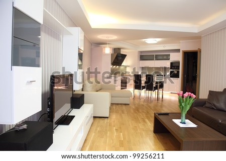 A modern livingroom inside a new flat with modern lighting