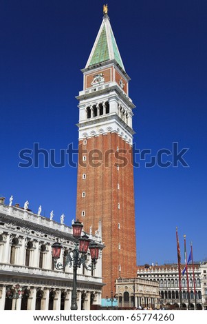The Saint Mark campanile on Saint Mark square in Venice, Italy