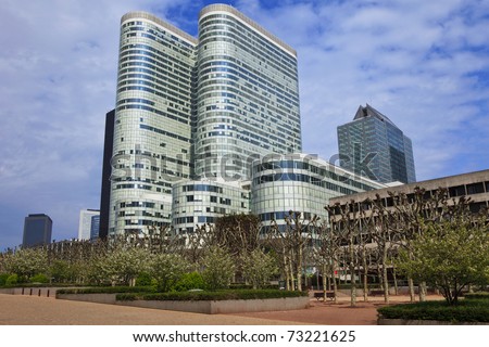 Unique skyscraper in famous financial and business district of Paris - La Defense.
