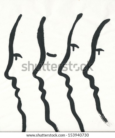 Simplified faces, side view - black and white painting