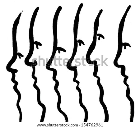 Simplified faces, side view - painting in black and white