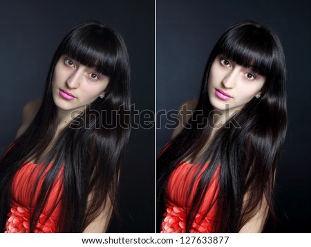 Retouch face of beautiful young woman before and after retouch.