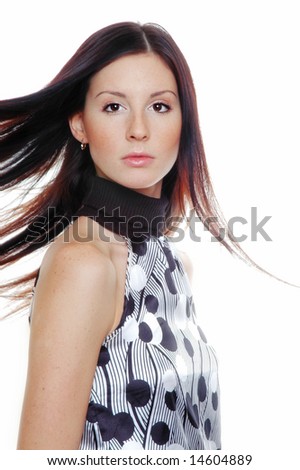 brunette with fly-away hairs, isolated