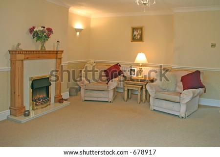 Living Room in English semi-detached house lit by tungsten light