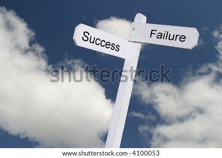 Blue Sky and white fluffy clouds with angled success or failure sign in foreground