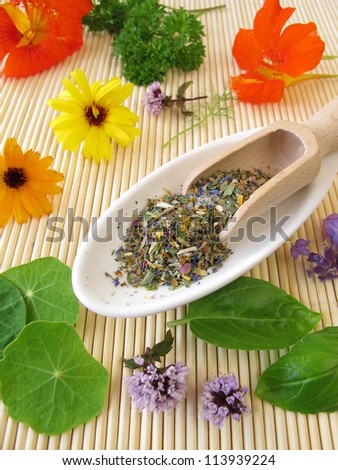 Herbs salt with edible flowers