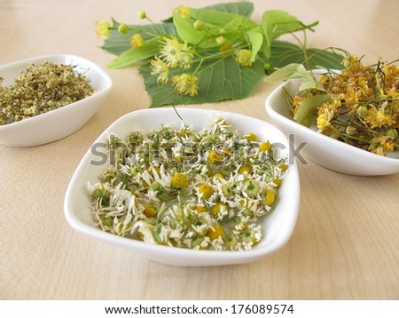 Dried tea herbs and fresh linden flowers
