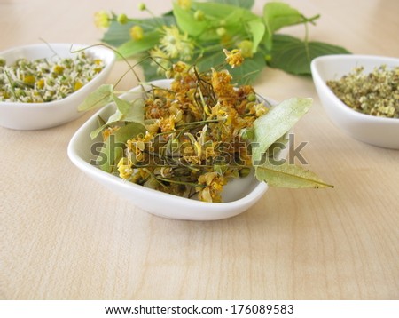 Dried tea herbs and fresh linden flowers