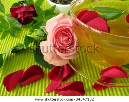 Green tea with rose flowers and lemon verbena