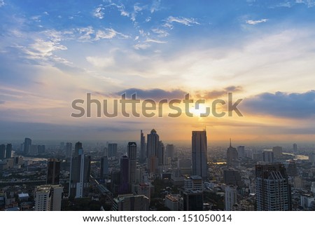 Dramatic scenery sunset of the city center at Bangkok, Thailand, Asia