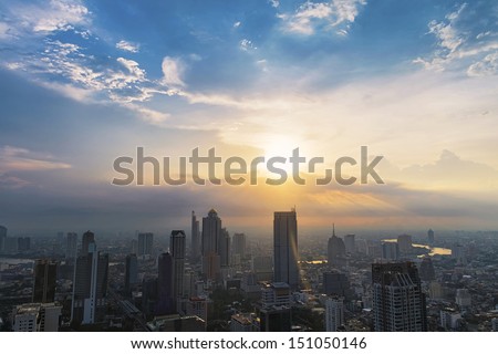 Dramatic Scenery Sunset Of The City Center At Bangkok, Thailand, Asia