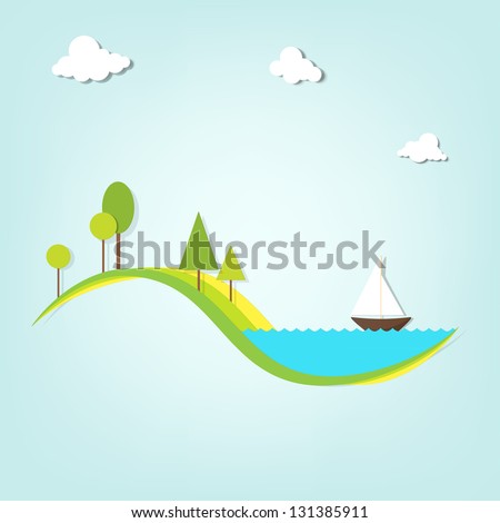 landscape with a lake, trees, and the ship