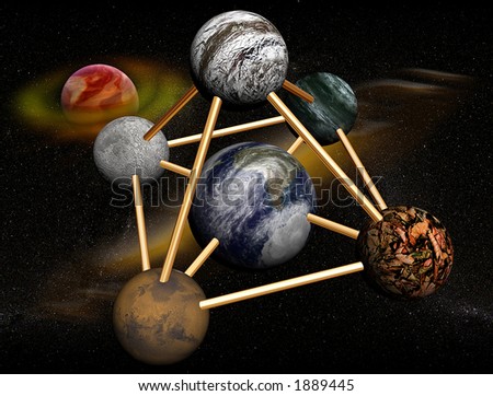 3D Solar system,planets connected with pyramid and saturn on the background