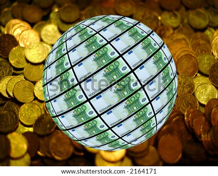 100 euro bills sphere with 20 cent coins on the background